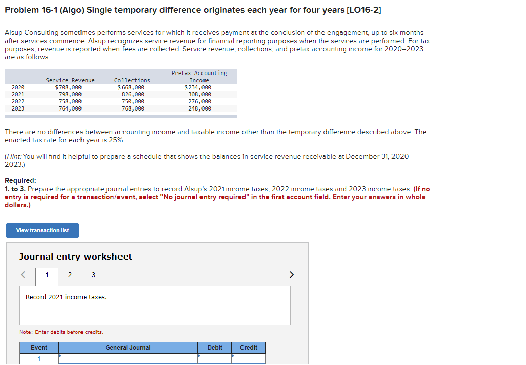  Problem 16-1 (Algo) Single temporary difference originates each year for four
