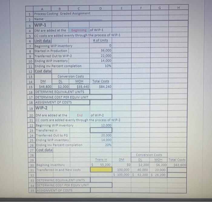  Here is an example of what i need. Process Costing. B