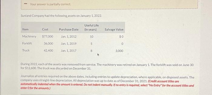 Please answer full question Your answer is partially correct Sunland Company had