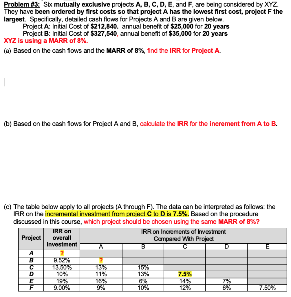  Problem #3: Six mutually exclusive projects A, B, C, D, E,