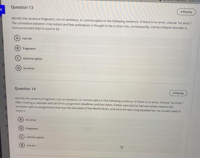 ENC1 ens - Butte con Question 13 4 Points Identify the sentence