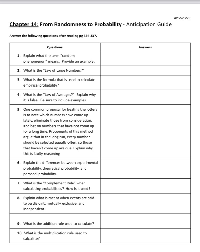  AP Statistics Chapter 14: From Randomness to Probability - Anticipation Guide