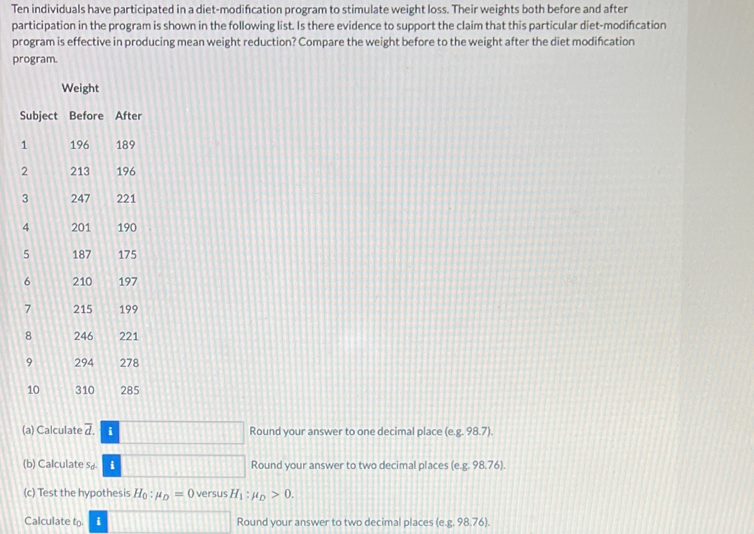  Ten individuals have participated in a diet-modification program to stimulate weight