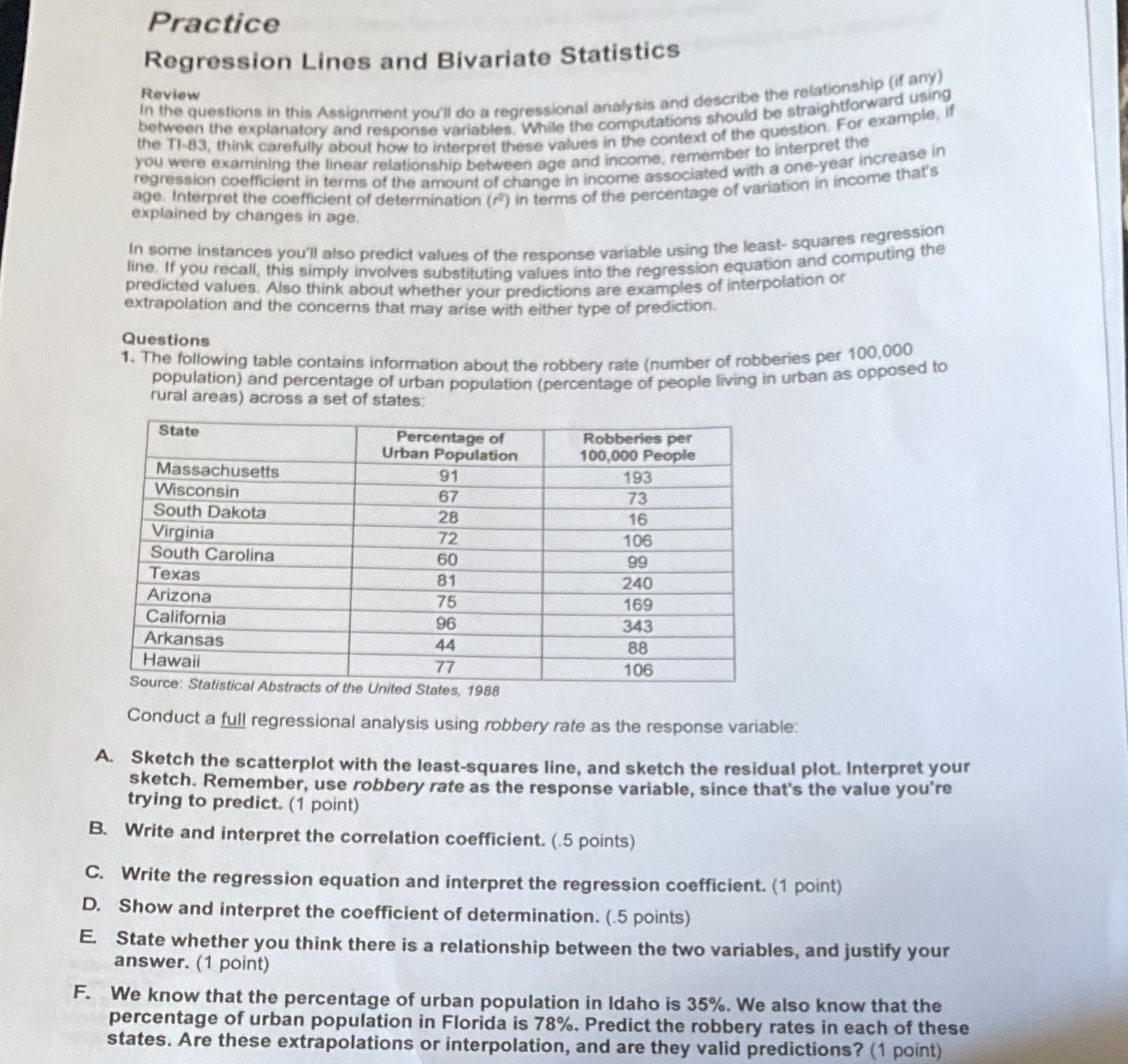 Please help solve using pen and pencil Practice Regression Lines and Bivariate
