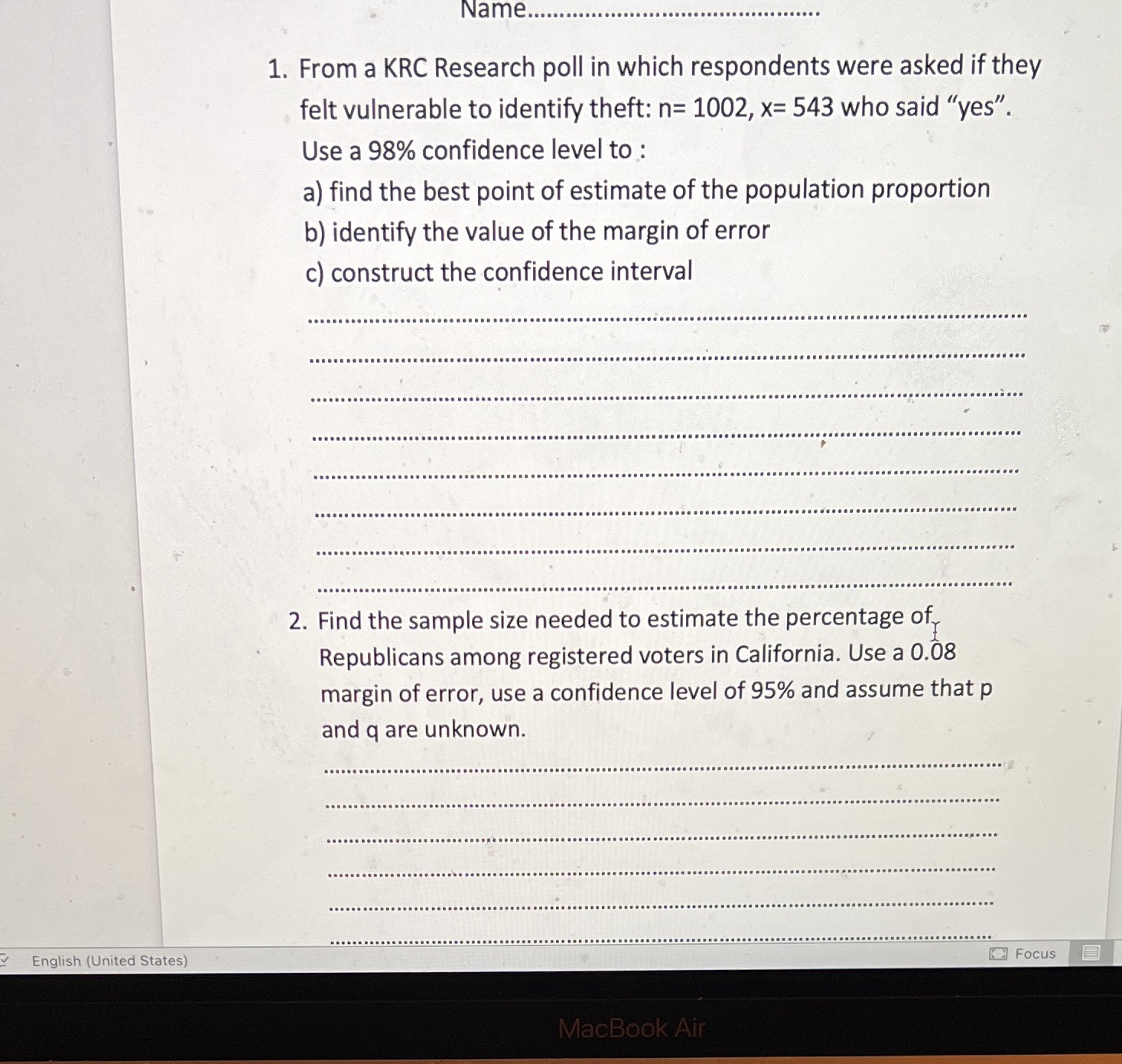 Typing answers prefer. Or write visibly please Name....... 1. From a KRC