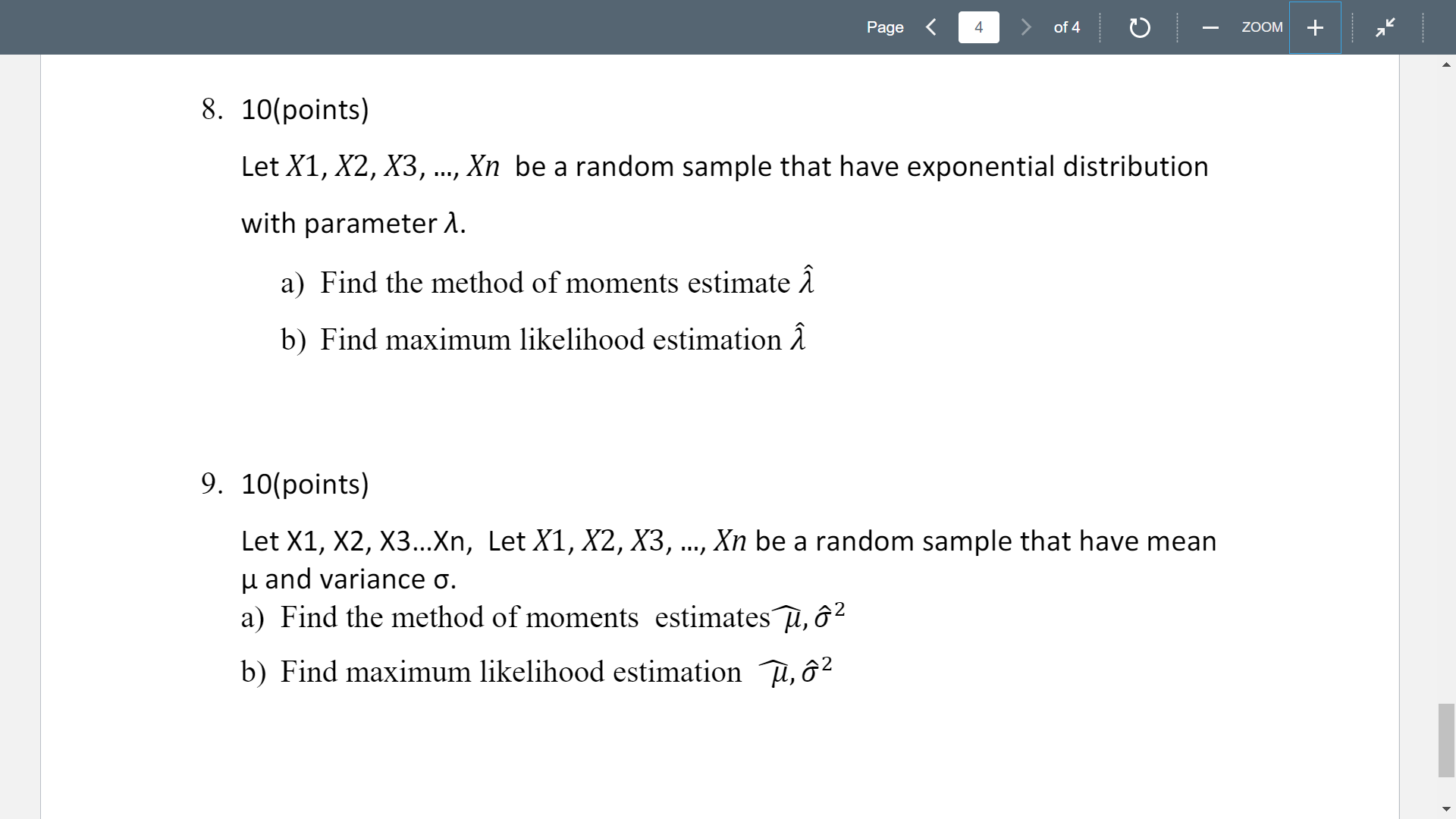 4 of 4 ZOOM + 8. 9. 10(points) Let X 1, X2,