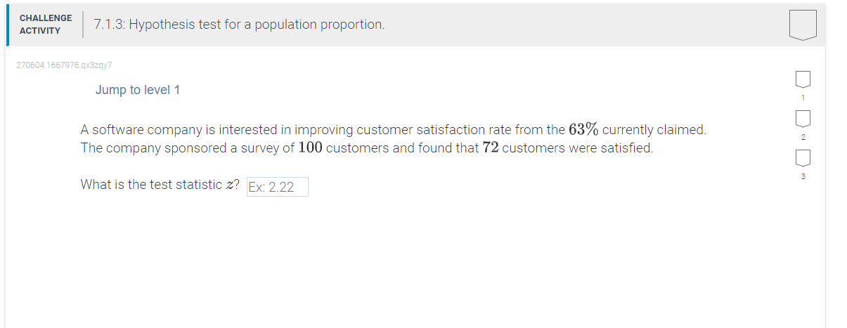  CHALLENGE ACTIVITY 7.1.3: Hypothesis test for a population proportion. 7"\"A' -.:':';.I-_:-TI--.r