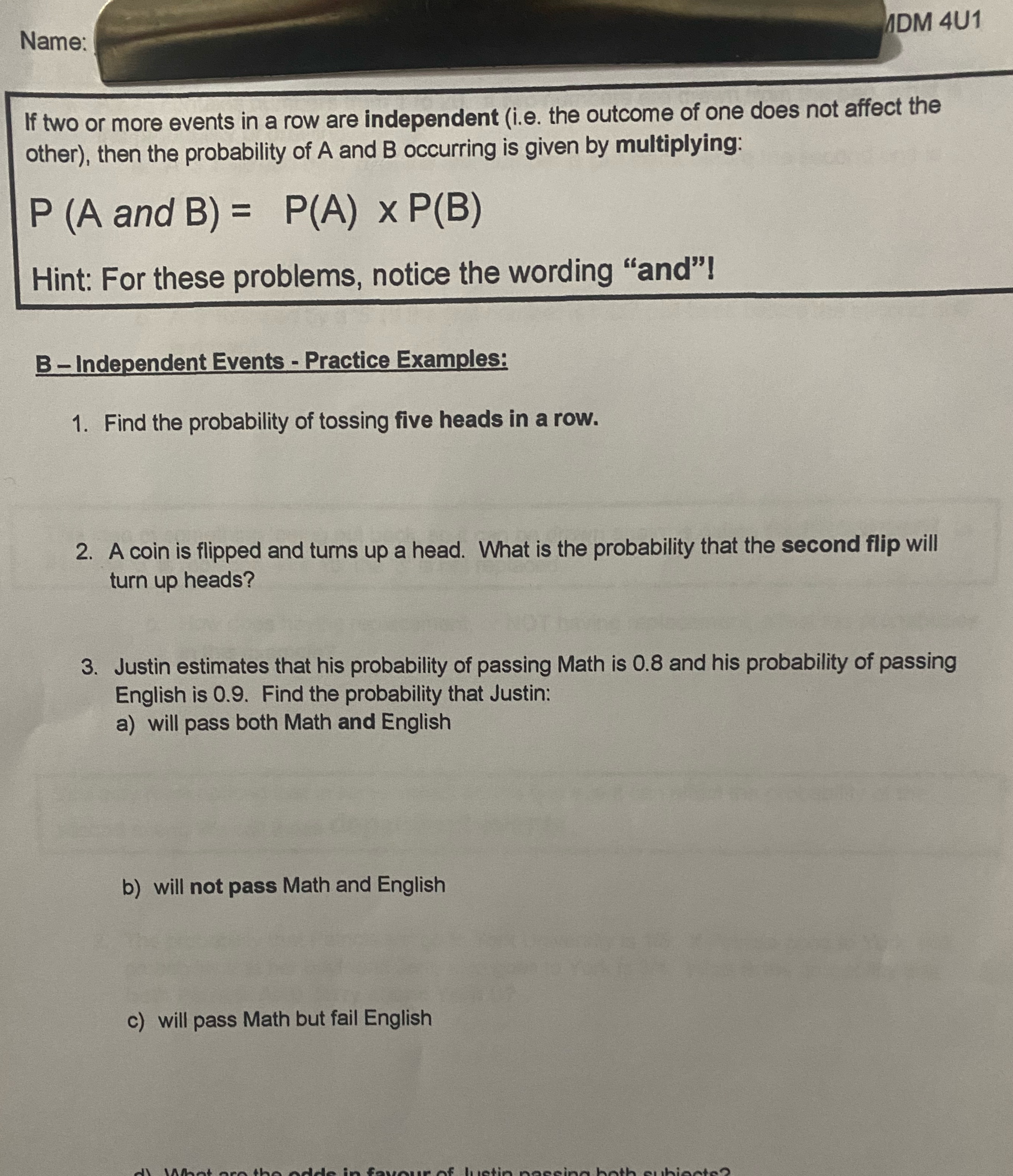 Please help solve Name: 1DM 4U1 If two or more events in