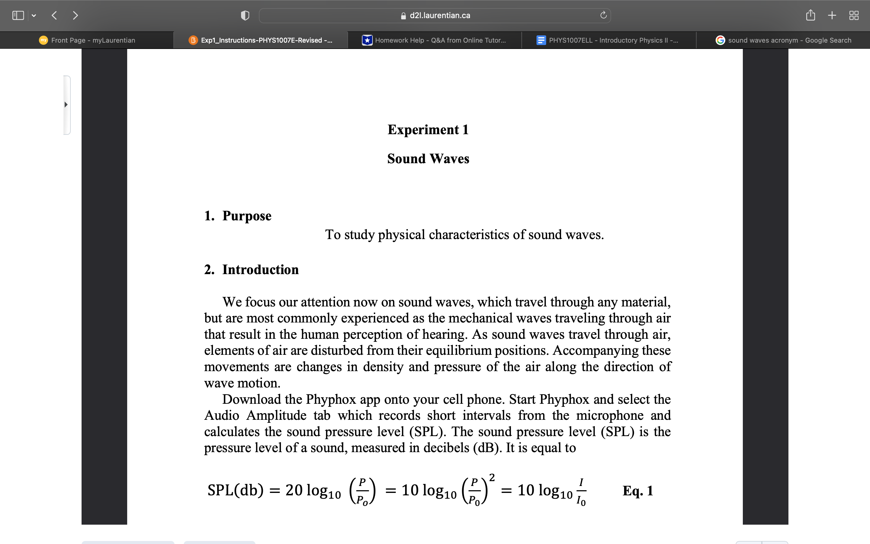 U H d2l.laurentian.ca B Exp'l_lnstructiuns-PHYS1007ERevised E Experiment 1 Sound Waves 1.