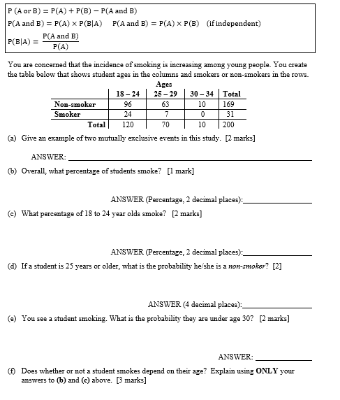 complete answer with all parts needed P (A or B) = P(A)