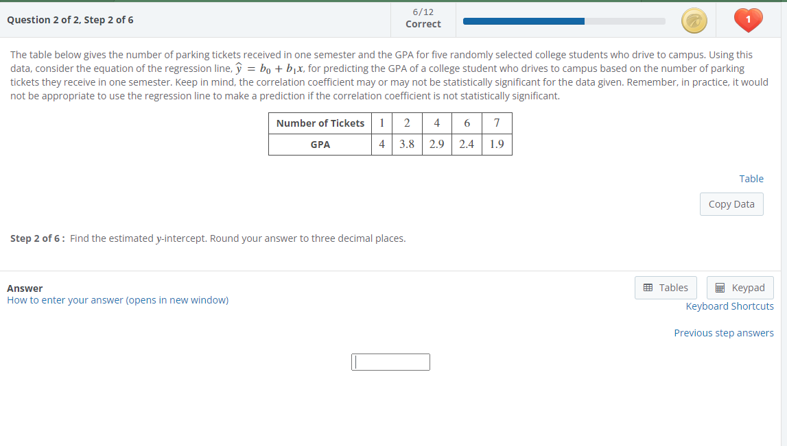 Question 2 of2. Step 2 of6 data, considerthe equation ofthe regression