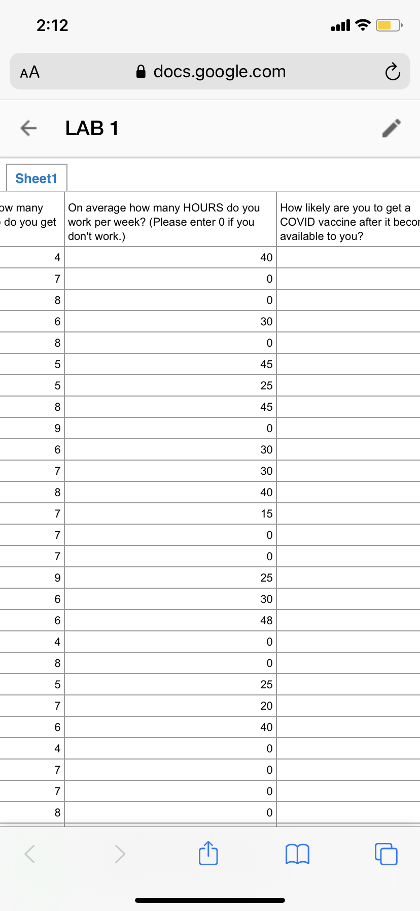 docs.google.com C LAB 1 Sheet1 ow many On average how many HOURS
