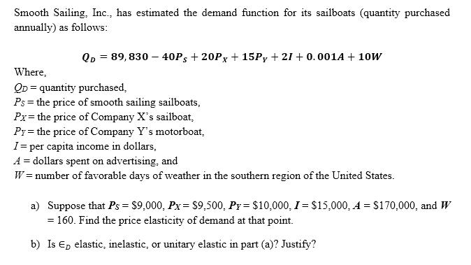 Smooth Sailing: Inc.: has estimated the demand function for its sailboats (quantity