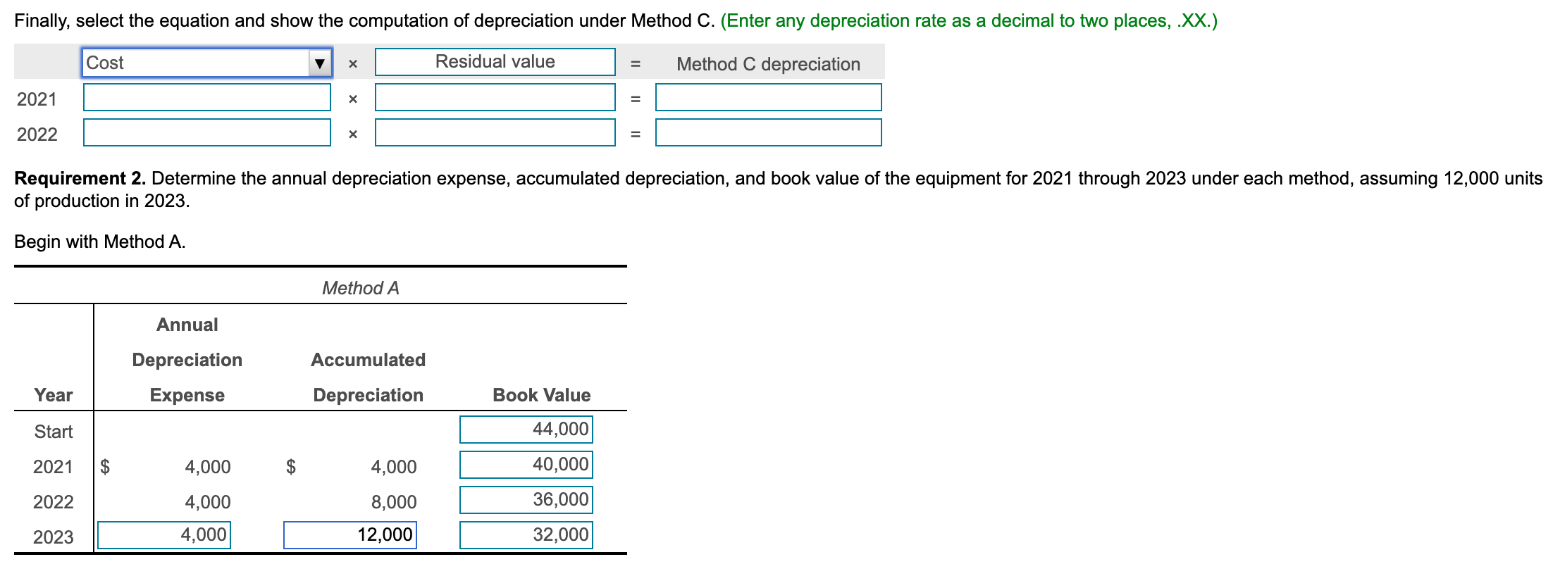 1,200 5,600 2022 4,000 8,000 7,040 6,800 Requirements 1. Identify the depreciation