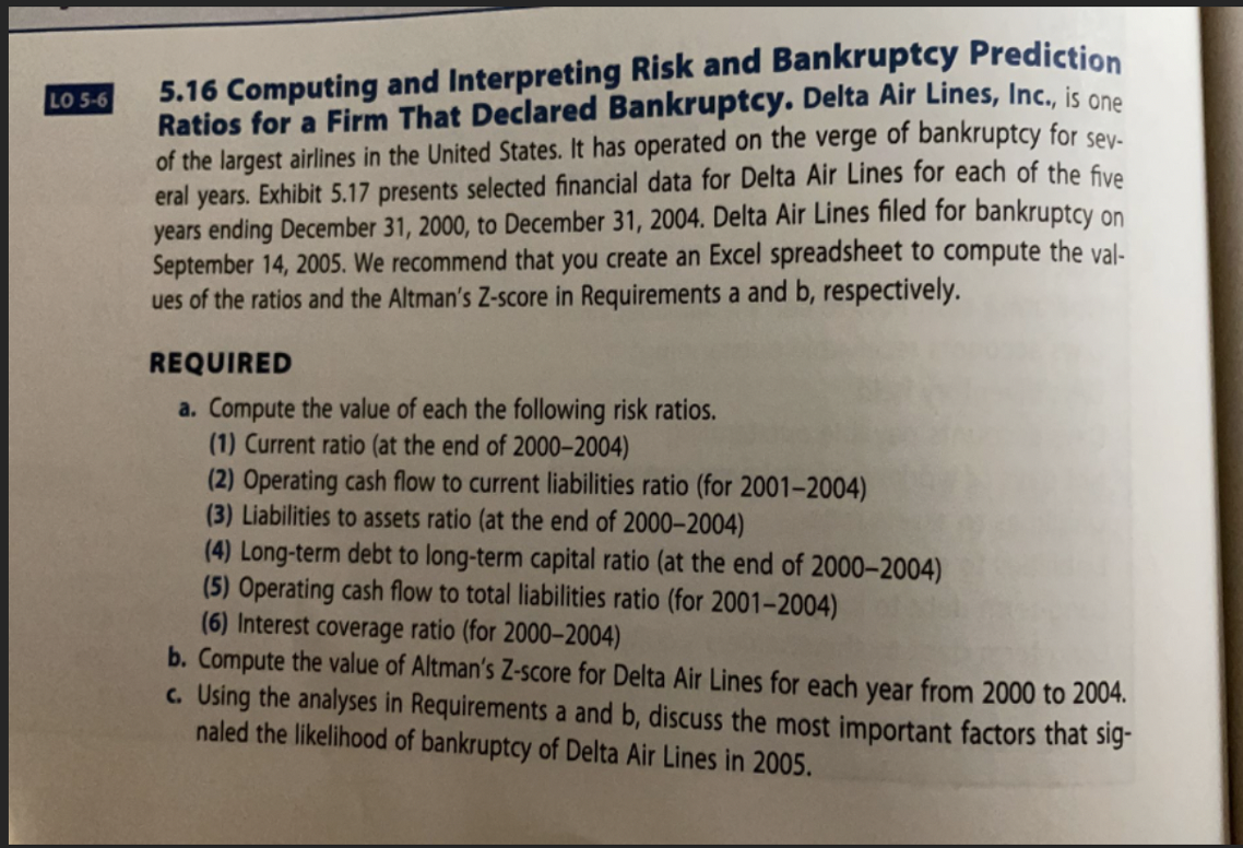 LO 5-6 5.16 Computing and Interpreting Risk and Bankruptcy Prediction Ratios