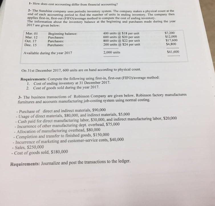 1- How does cost accounting differ from financial accounting? 2- The