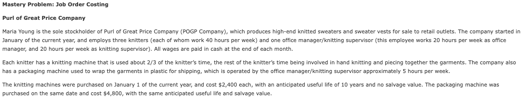 please show any work/calculations Mastery Problem: Job Order Costing Purl of