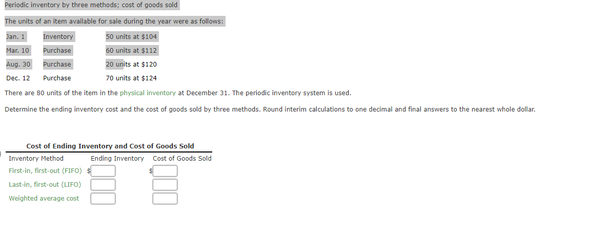 available for sale during the year were as follows: Jan. 1 Inventory