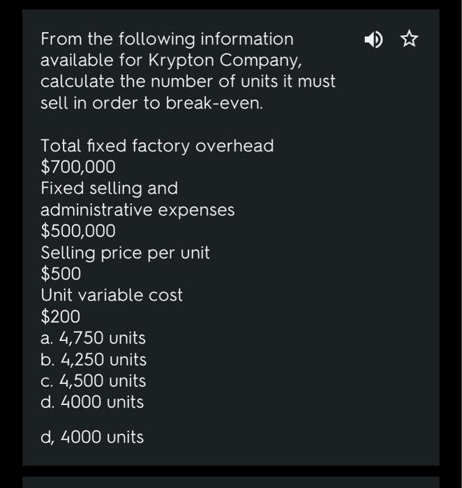 Sales $500,000 Variable Expenses $200,000 Fixed expenses $100,000 a. 1.6 b. 1.5
