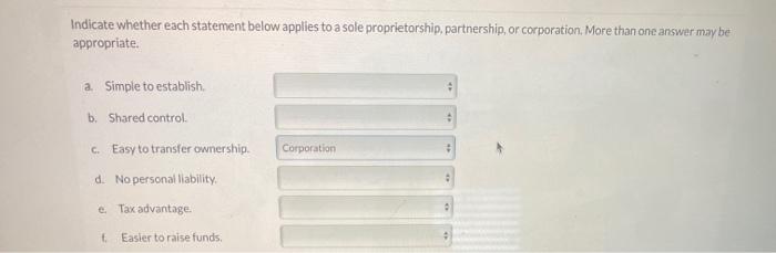  Indicate whether each statement below applies to a sole proprietorship, partnership,