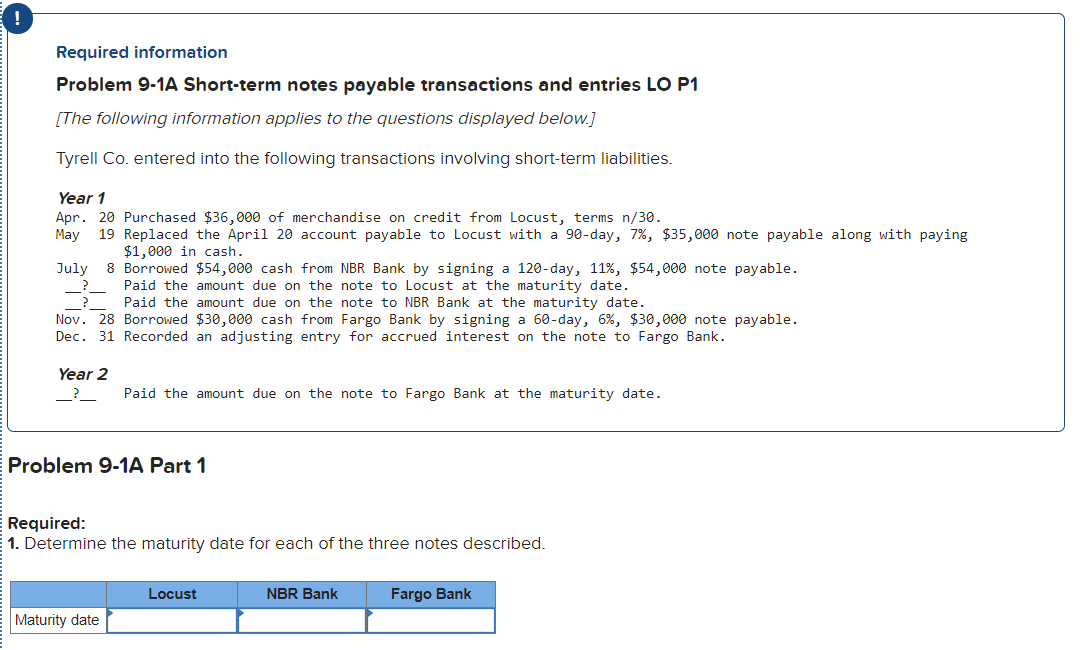Required information Problem 9-1A Short-term notes payable transactions and entries LO