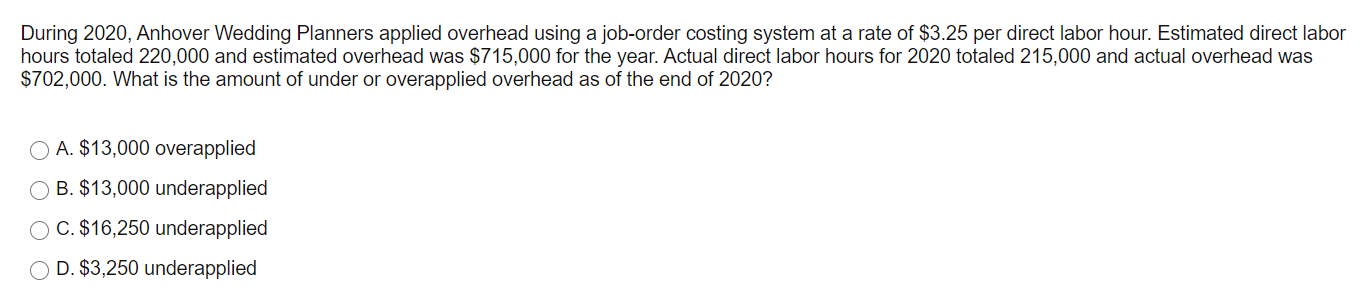 During 2020, Anhover Wedding Planners applied overhead using a job-order costing