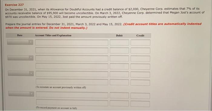  Exercise 227 On December 31, 2021, when its Allowance for Doubtful