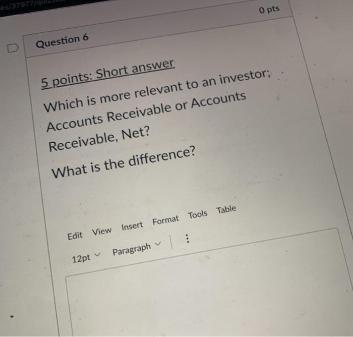 es/379774 O pts Question 6 5 points: Short answer Which is