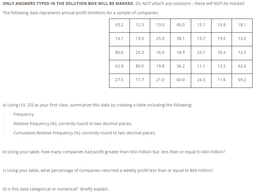  ONLY ANSWERS TYPED IN THE SOLUTION BOX WILL BE MARKED. Do