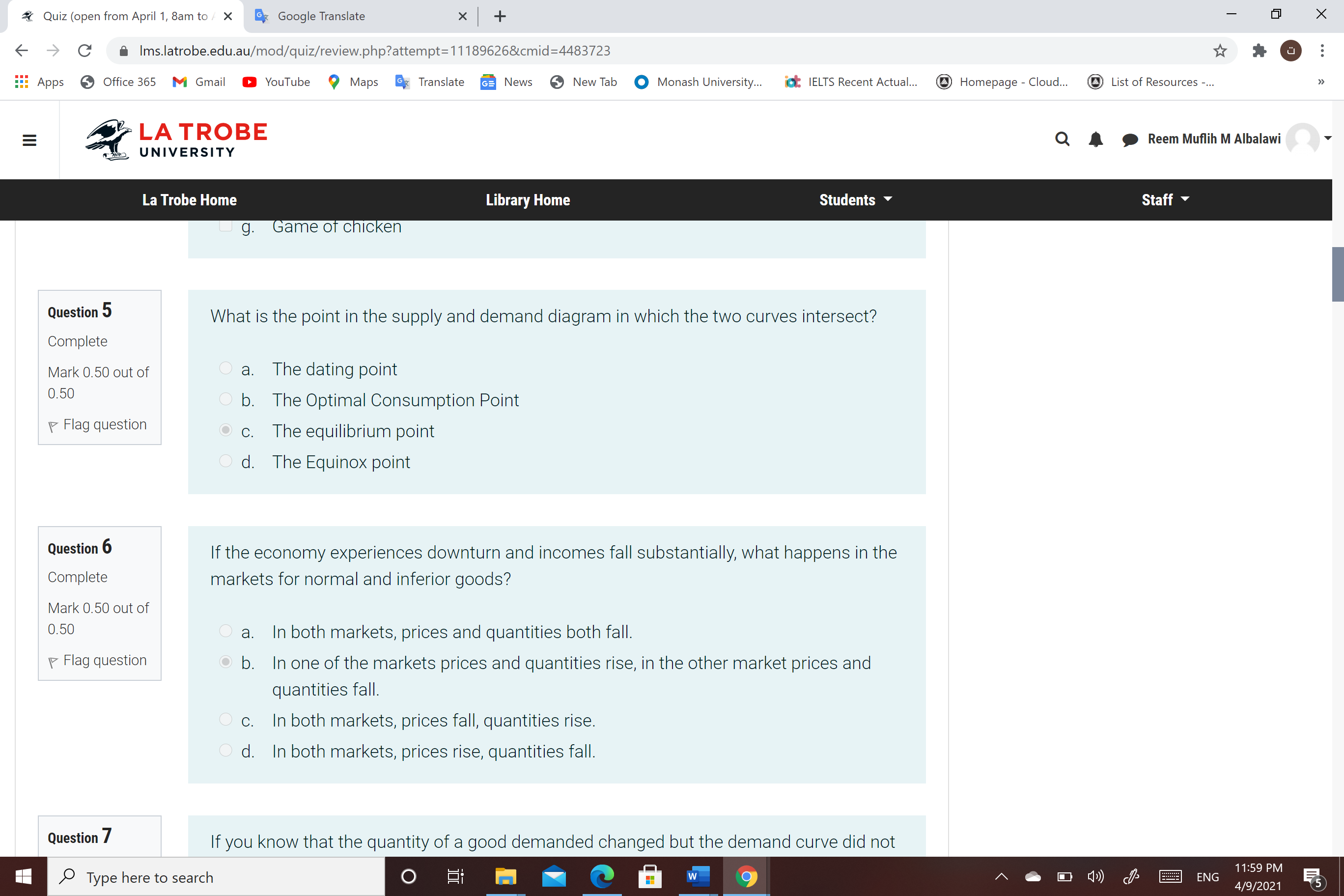 8am to / X Google Translate X + X C Ims.latrobe.edu.au/mod/quiz/review.php?attempt= 11189626&cmid=4483723