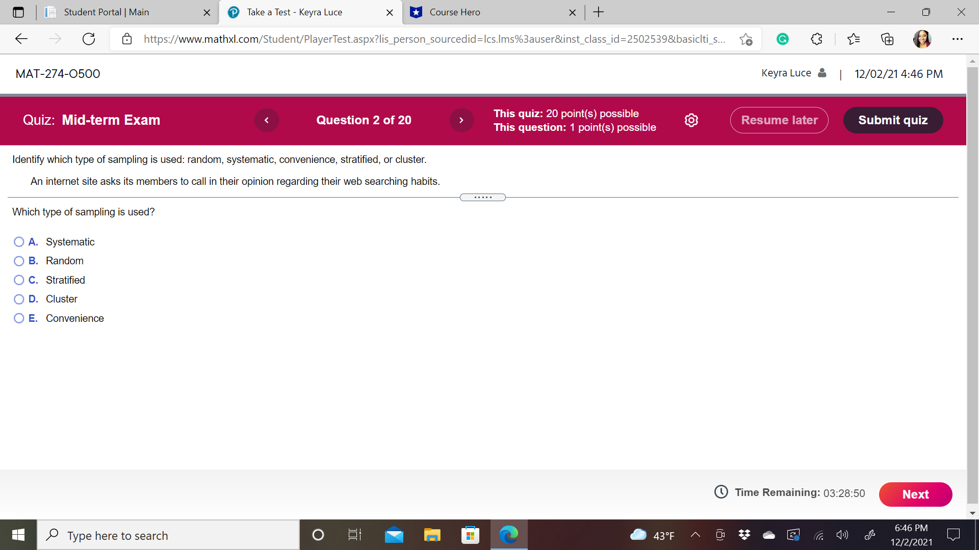 Student Portal | Main X Take a Test - Keyra Luce