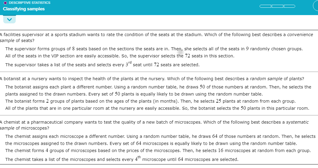  22: DESCRIPTIVE STATISTICS Classifying samples V A facilities supervisor at a
