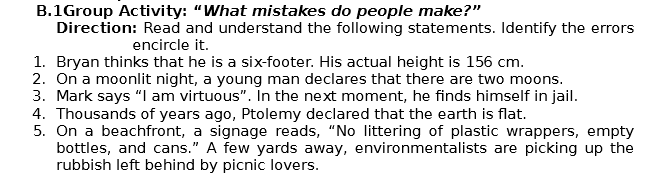 B.1Group Activity: "What mistakes do people make?" Direction: Read and understand