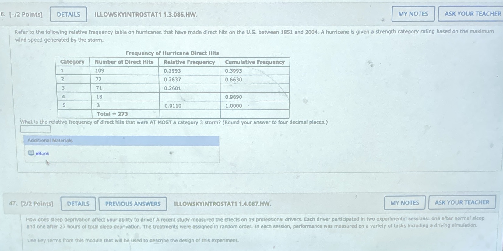  6. [-/2 Points] DETAILS ILLOWSKYINTROSTAT1 1.3.086.HW. MY NOTES ASK YOUR TEACHER