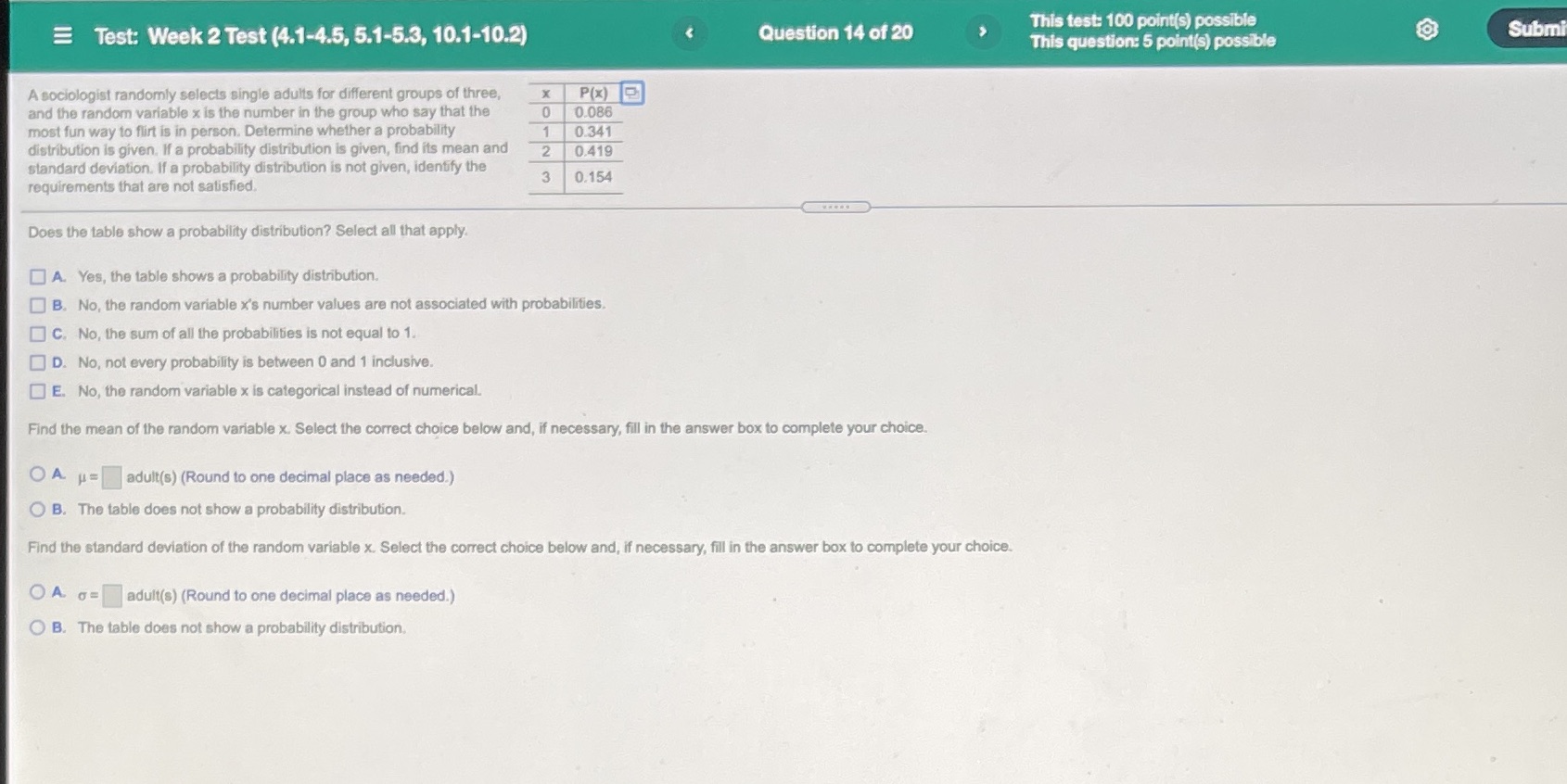 #14 Test: Week 2 Test (4.1-4.5, 5.1-5.3, 10.1-10.2) Question 14 of 20