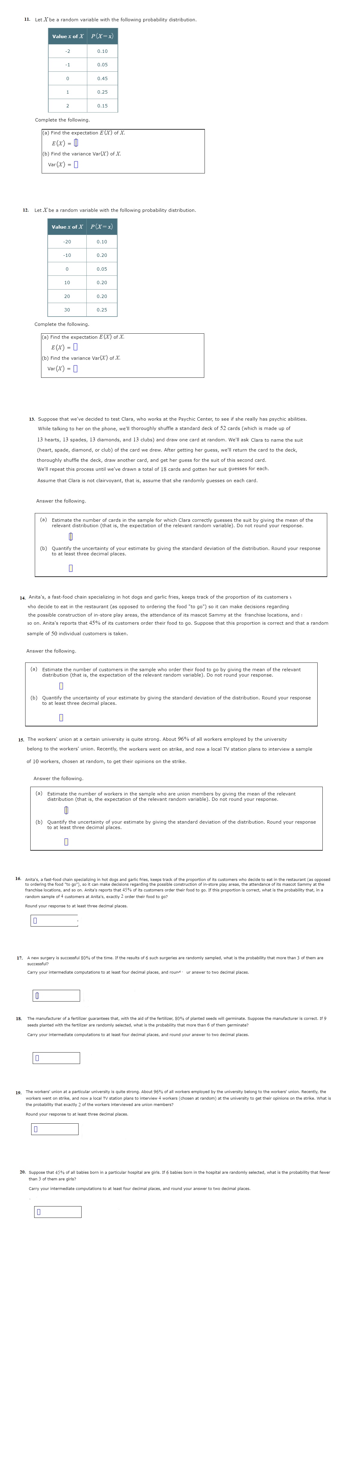  11. Let X" be a random variable with the following probability