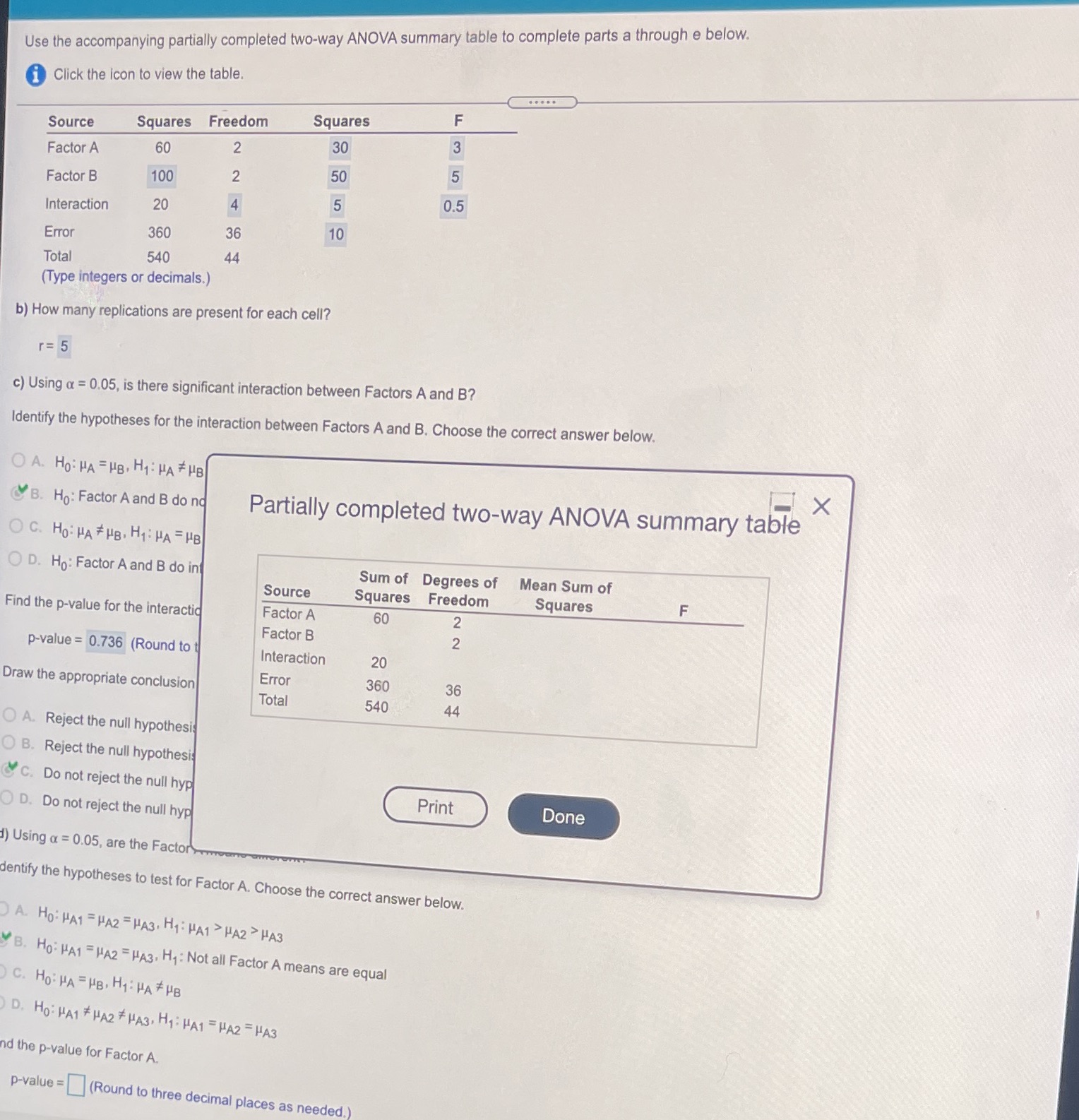 Find the p value for Factor A Use the accompanying partially completed