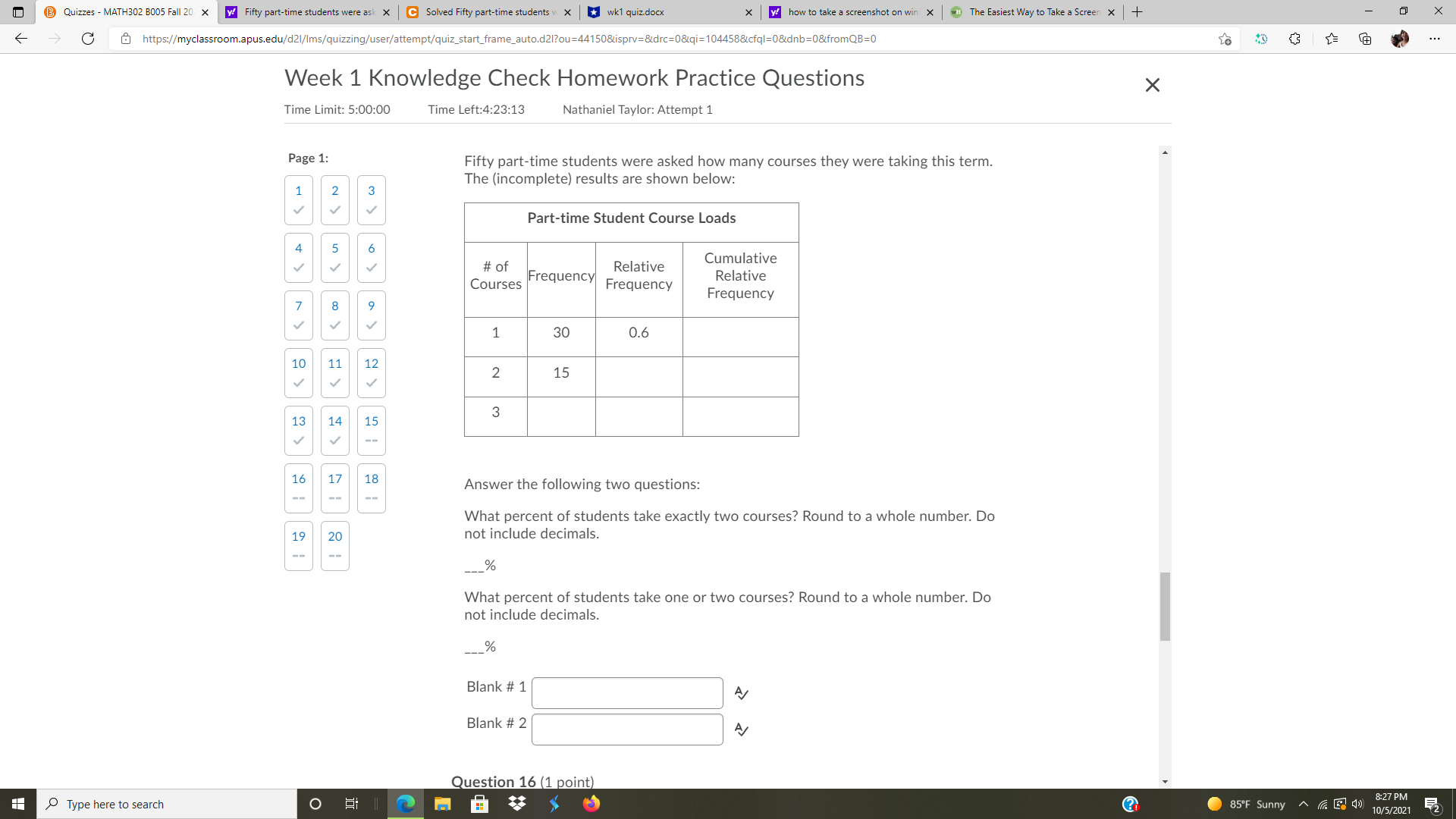  @ Quizzes - MATH302 B005 Fall 20. x y! Fifty part-time