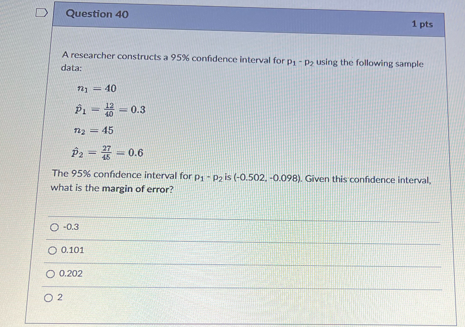 D Question 40 1 pts A researcher constructs a 95% confidence