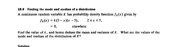 variance of the continuous random variable X with probability density function given