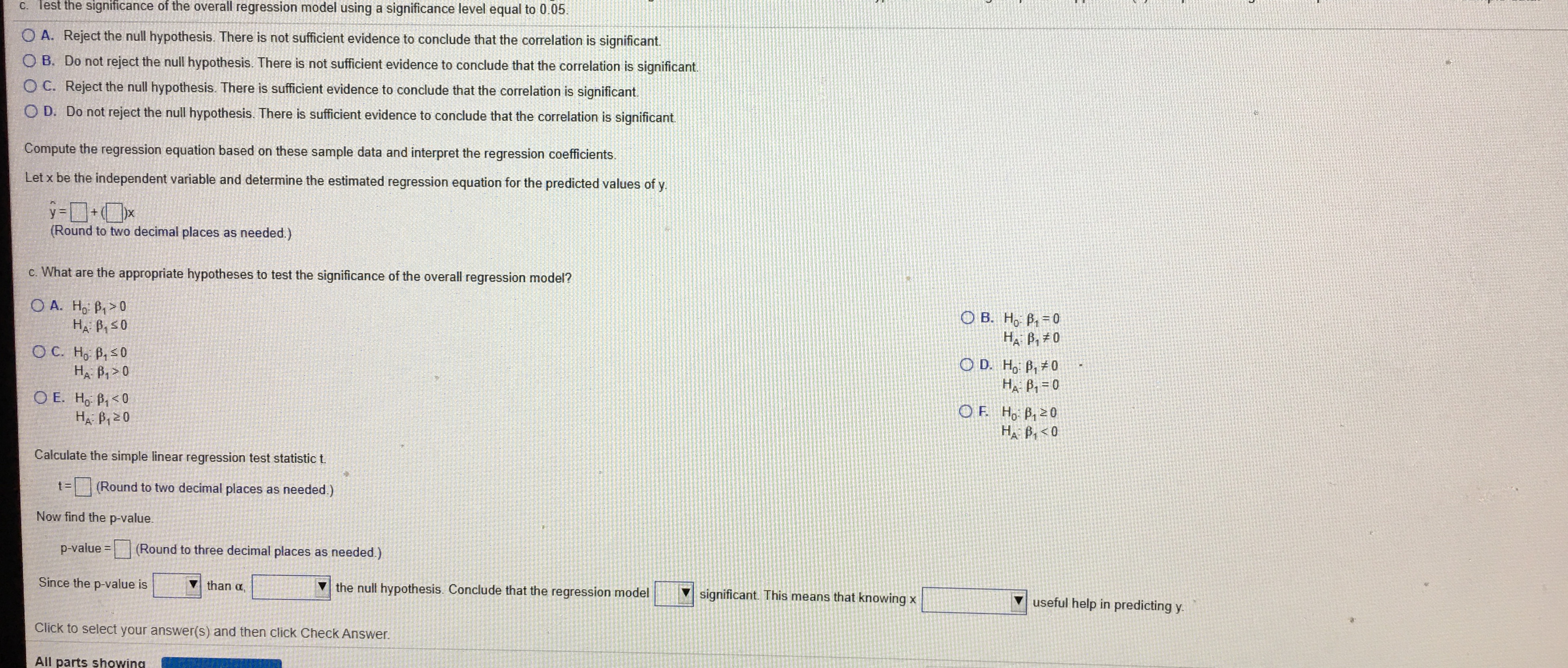 data for variables y and x to complete parts a through c.