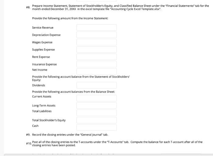 Cycle Excel Required: #1. Template.xlsx". Use the following accounts as appropriate: Cash,