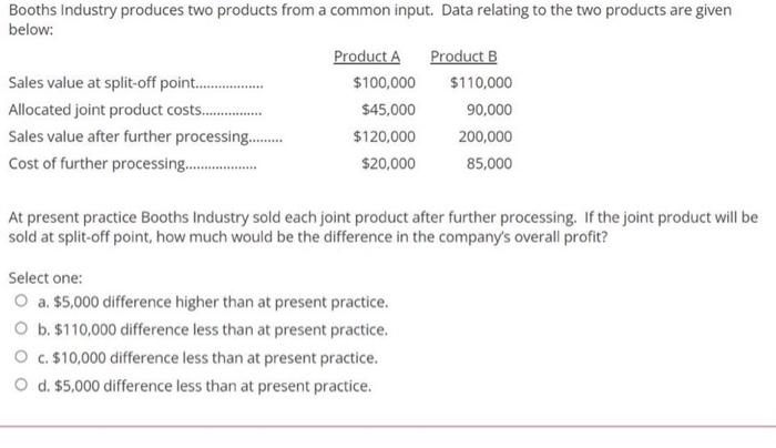joint products? Select one: O a. If sales value of joint product