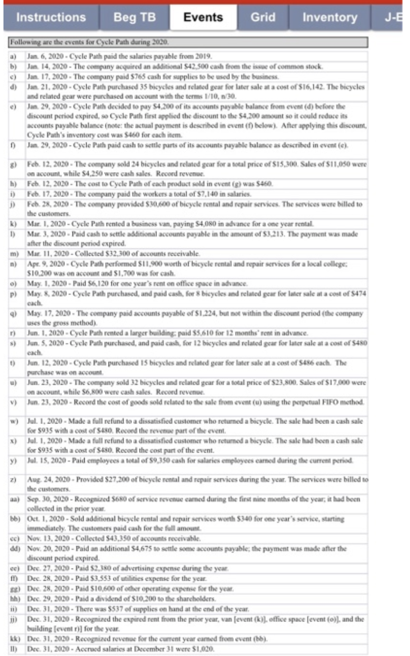 Second time asking. Please Answer Instructions Beg TB Events Grid Inventory J-E
