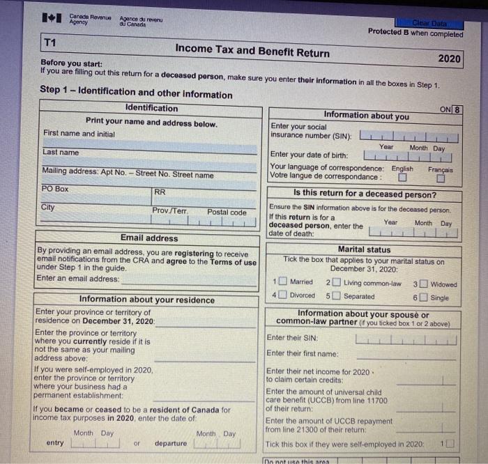 the T1 forms on which it should be completed Index 2020 Tax