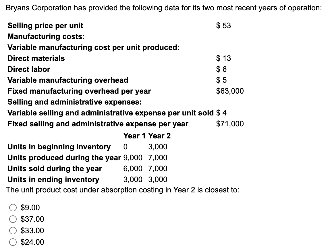  Bryans Corporation has provided the following data for its two most