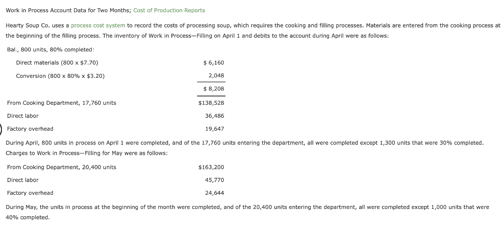  Work in Process Account Data for Two Months; Cost of Production