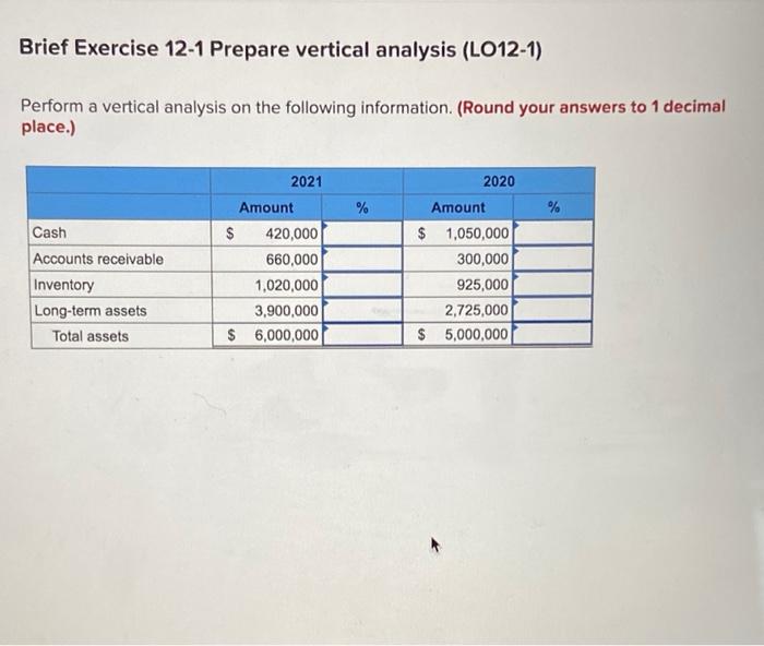  Brief Exercise 12-1 Prepare vertical analysis (LO12-1) Perform a vertical analysis