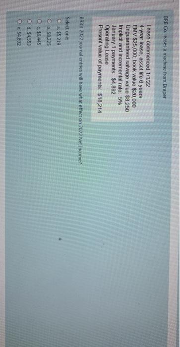  BRB Co. leases a machine from Draper Lease commenced 1/1/22 4-year