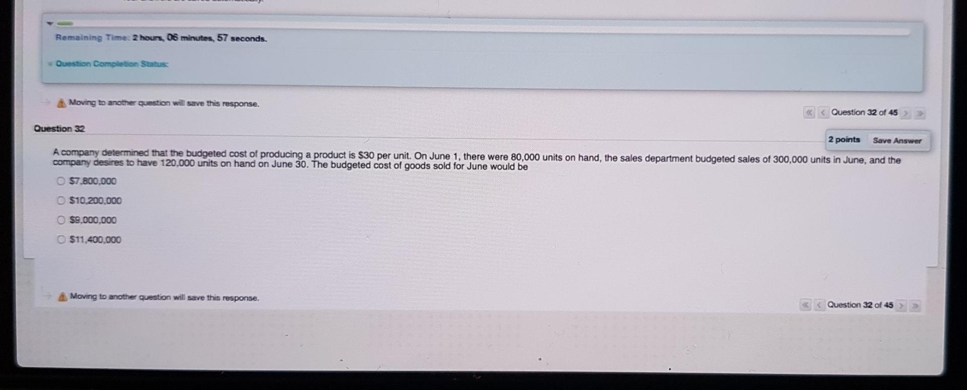 Remaining Time: 2 hours, 06 minutes, 57 seconds. Question Completion Status